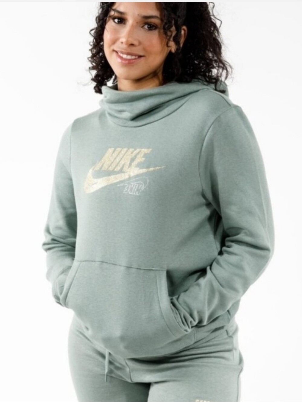 Nike Sage Green Cowl-Neck Hoodie with Metallic Gold Logo